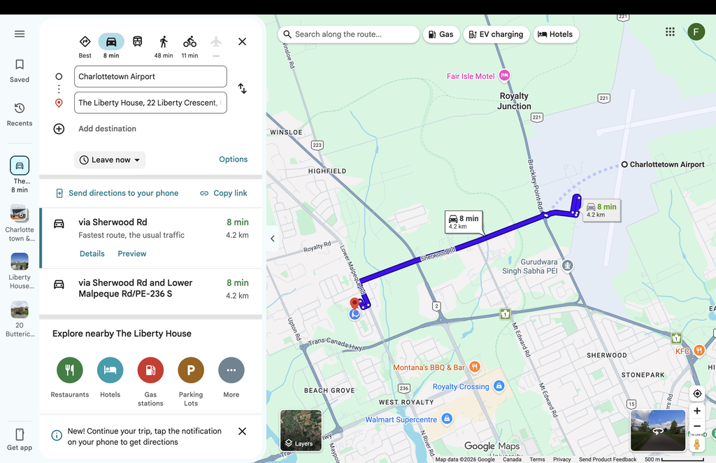 From The Liberty House to Charlottetown Airport route map